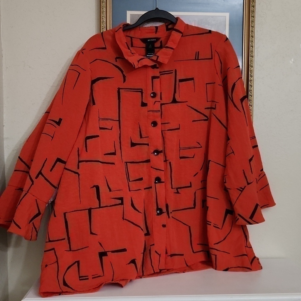 Ali Miles Artsy Art to wear Blouse XL Zipper Back Ruffle Sleeve Collegiate Lux